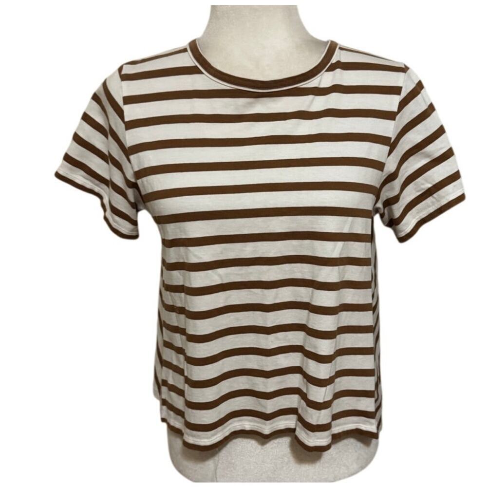 Brown Cream Stripe Tee Japanese Minimalist Ray Beams Boxy Soft Girl S-M - Picture 2 of 6
